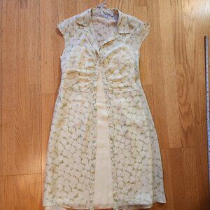 Kay Unger Tess A-Line Chiffon Sheer Overlay Yellow Green Floral Cottagecore